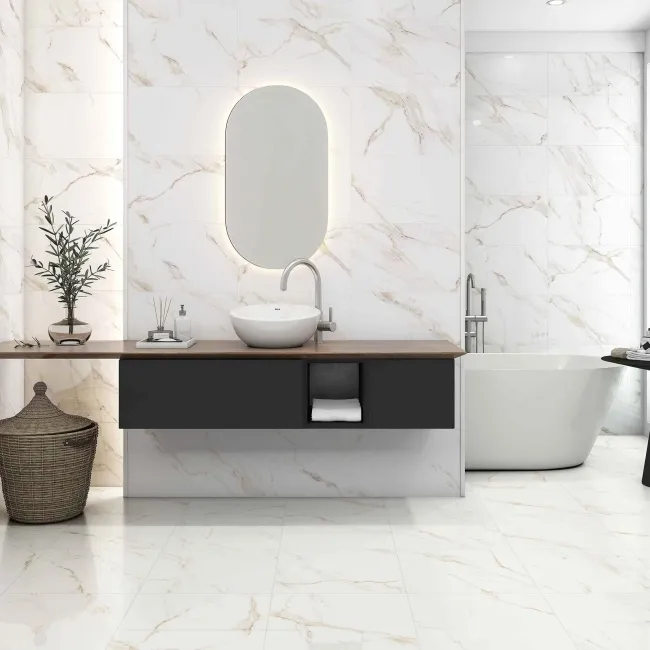 Carrara Gold Marble Effect Gloss Ceramic Tile 55x33cm