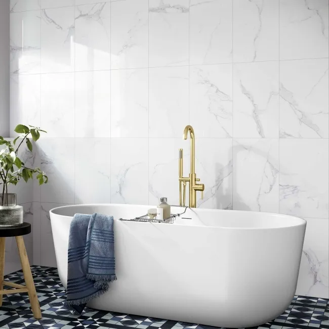Carrara White Marble Effect Gloss Ceramic Tile 55x33cm
