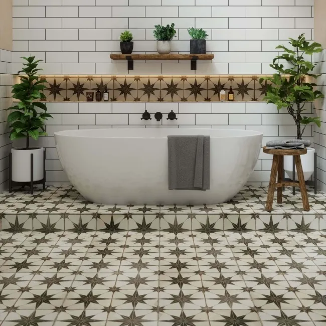 Metropolis Star Patterned Black Ceramic Tile 45x45cm
