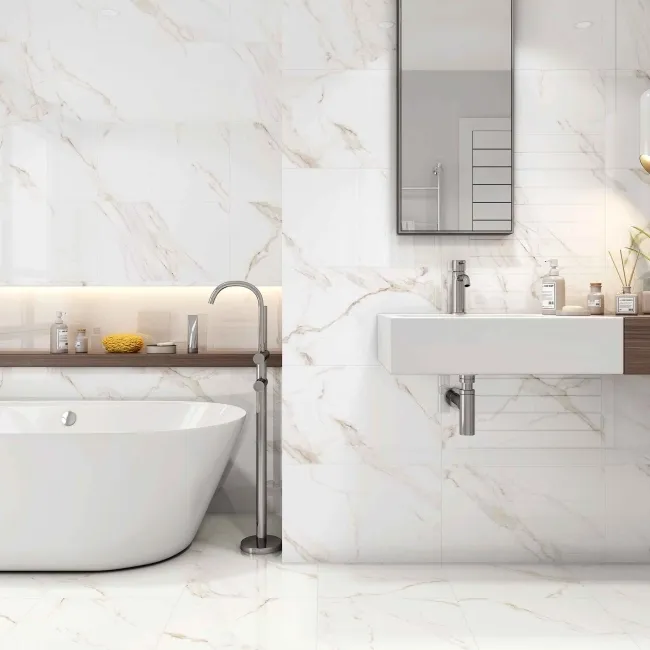 Carrara Gold Marble Effect Gloss Ceramic Tile 55x33cm