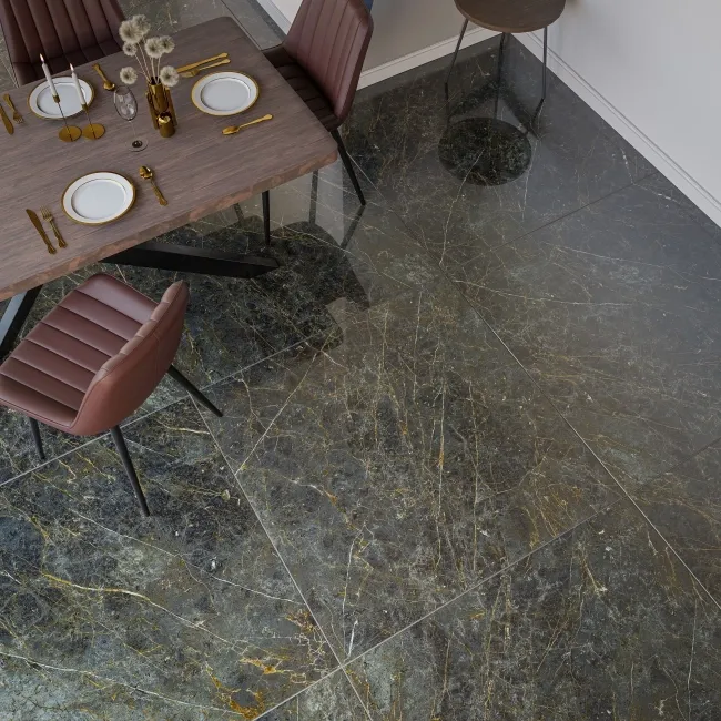 Golden Black Marble Effect Italian Large Polished Porcelain Tile 120x120cm