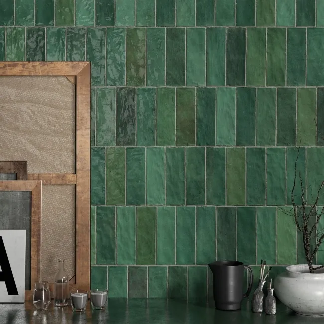 Riad Green Brick Effect Gloss Ceramic Wall Tile 20x6.5cm