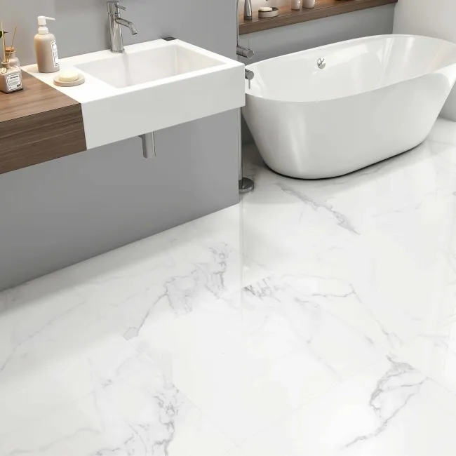 Carrara White Gloss Marble Effect Vitrified Ceramic Tile 60.4x60.4cm