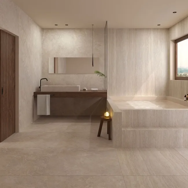 Linen Beige Travertine Effect Large Matt Porcelain Slab 275x100cm