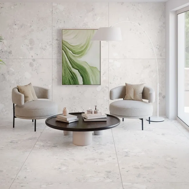 Ura White Terrazzo Effect Large Matt Porcelain Tile 120x120cm