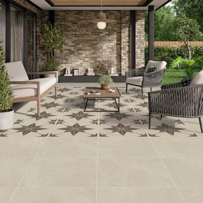 Bellevue Star Decor Ivory Stone Effect Matt Porcelain Outdoor Paving Tile 59.2x59.2cm