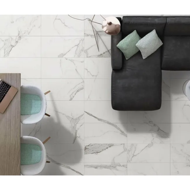 Carrara White Gloss Marble Effect Vitrified Ceramic Tile 60x30cm