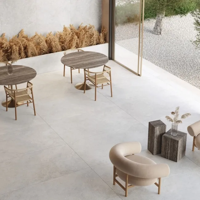 Linen White Travertine Effect Structured Matt Porcelain Slabs 180x100cm