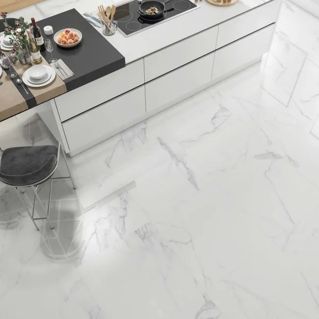 Carrara White Gloss Marble Effect Vitrified Ceramic Tile 60.4x60.4cm