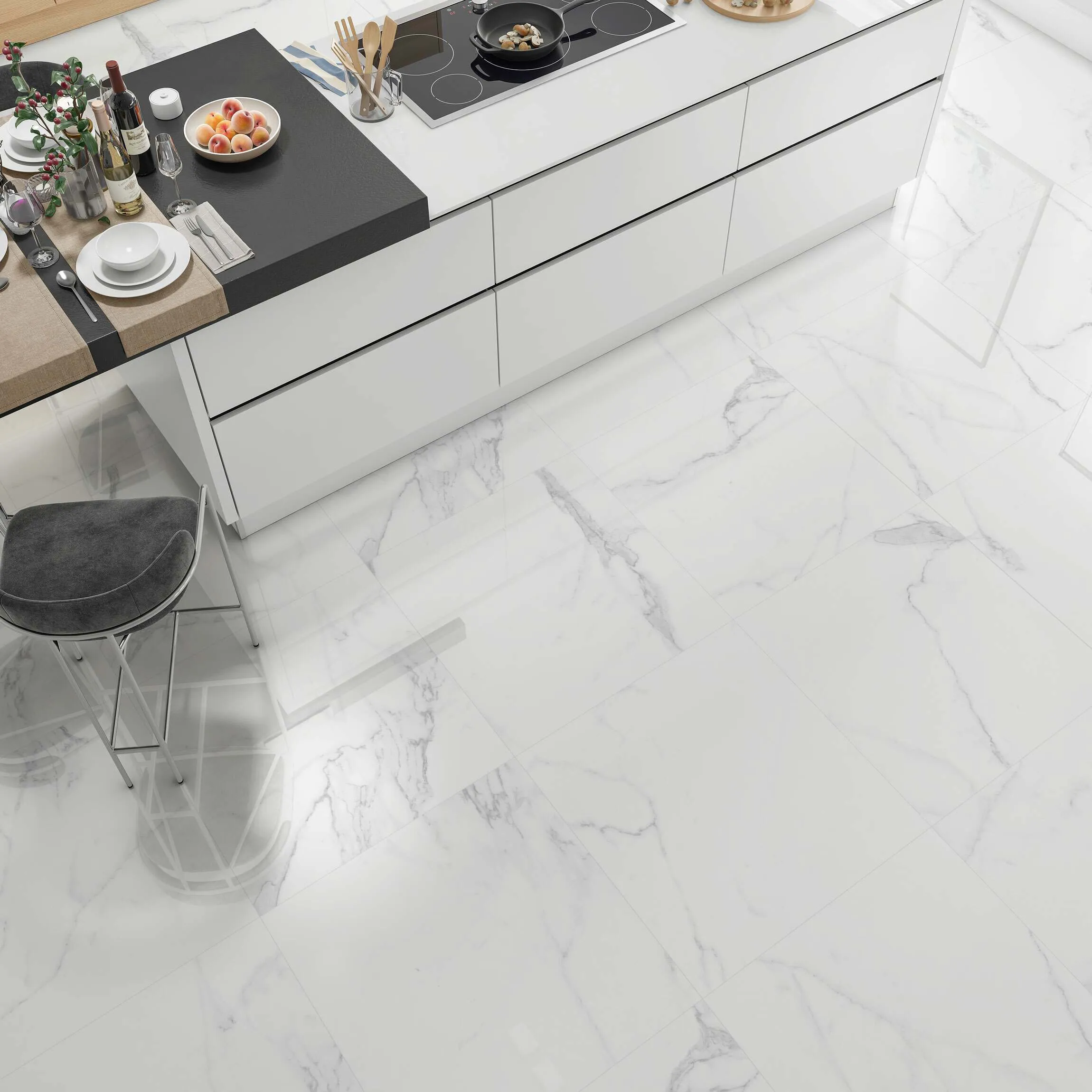 Carrara White Gloss Marble Effect Vitrified Ceramic Tile 60.4x60.4cm
