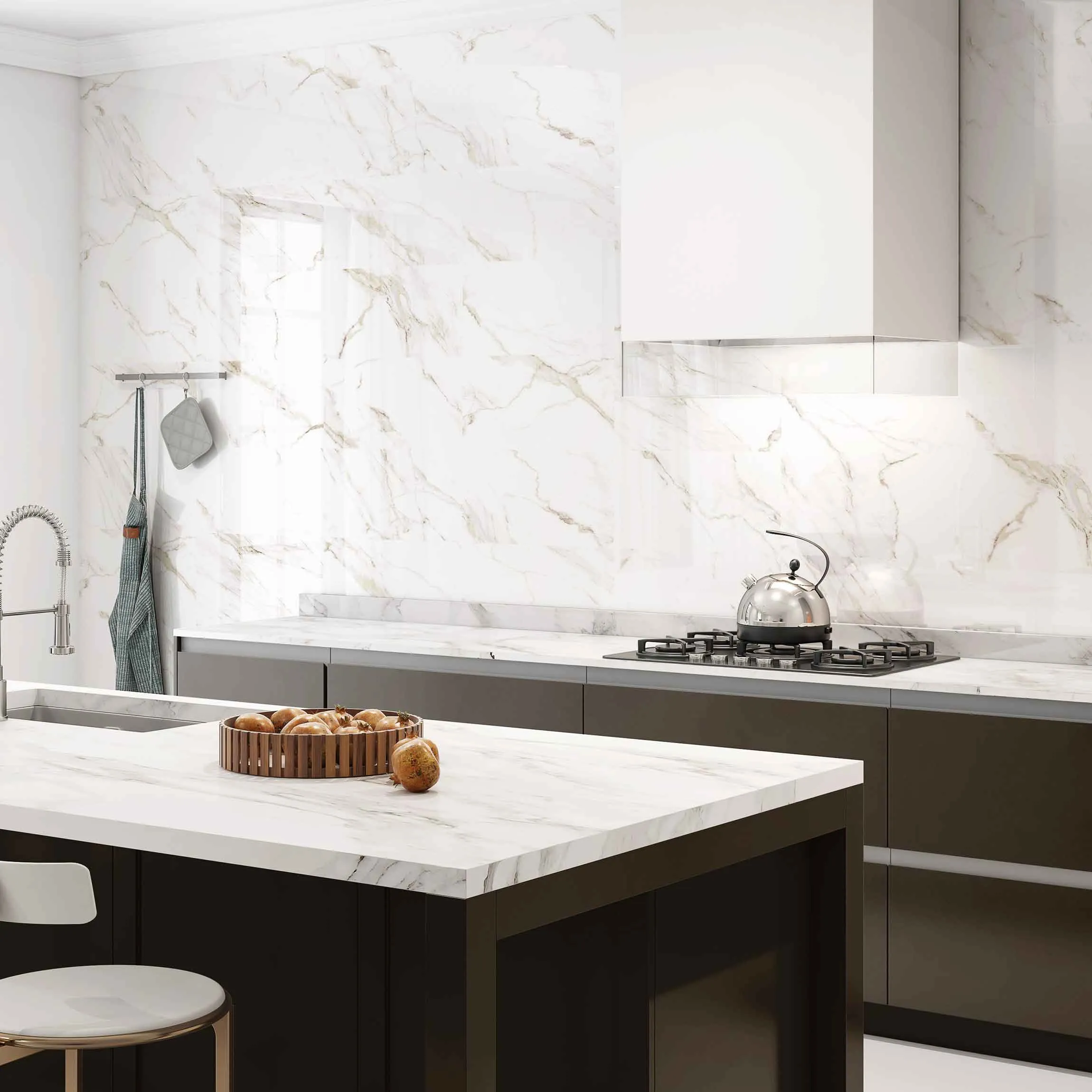 Carrara Gold Marble Effect Gloss Ceramic Tile 55x33cm