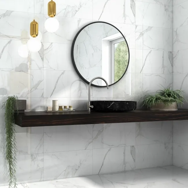 Carrara White Gloss Marble Effect Vitrified Ceramic Tile 60x30cm