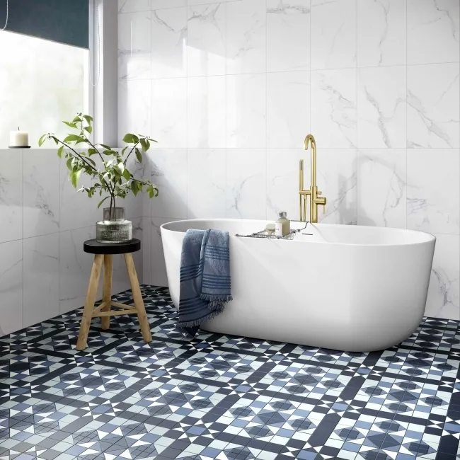 Carrara White Marble Effect Gloss Ceramic Tile 55x33cm