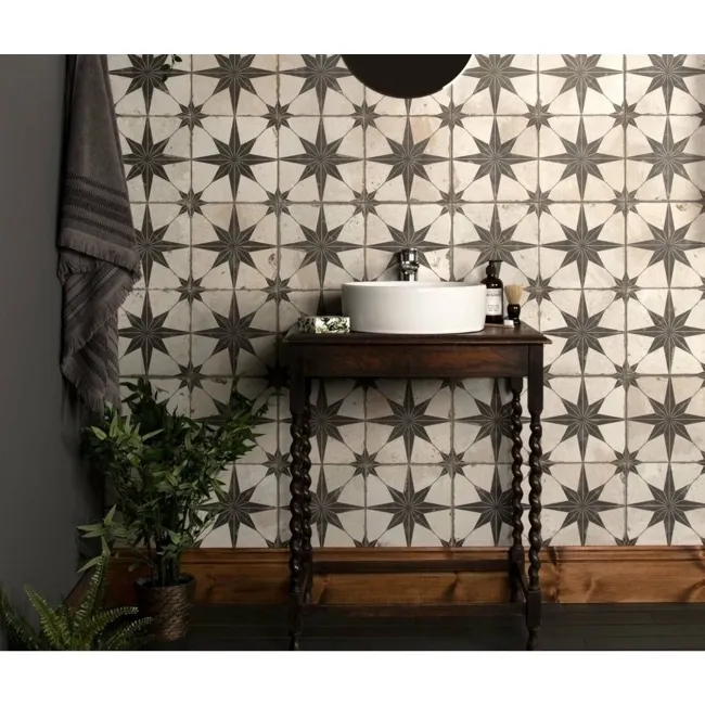 Metropolis Star Patterned Black Ceramic Tile 45x45cm