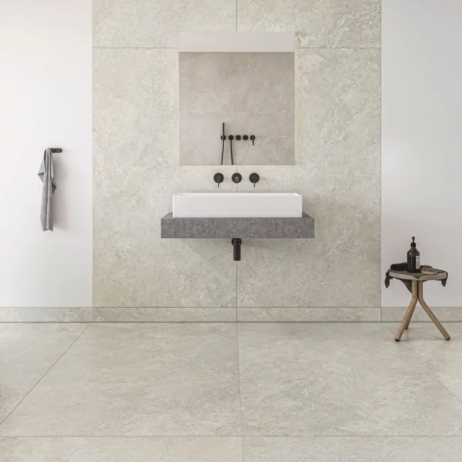 Linen Beige Travertine Effect Structured Matt Porcelain Slabs 180x100cm