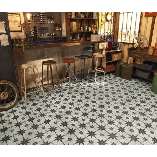 Metropolis Star Patterned Black Ceramic Tile 45x45cm