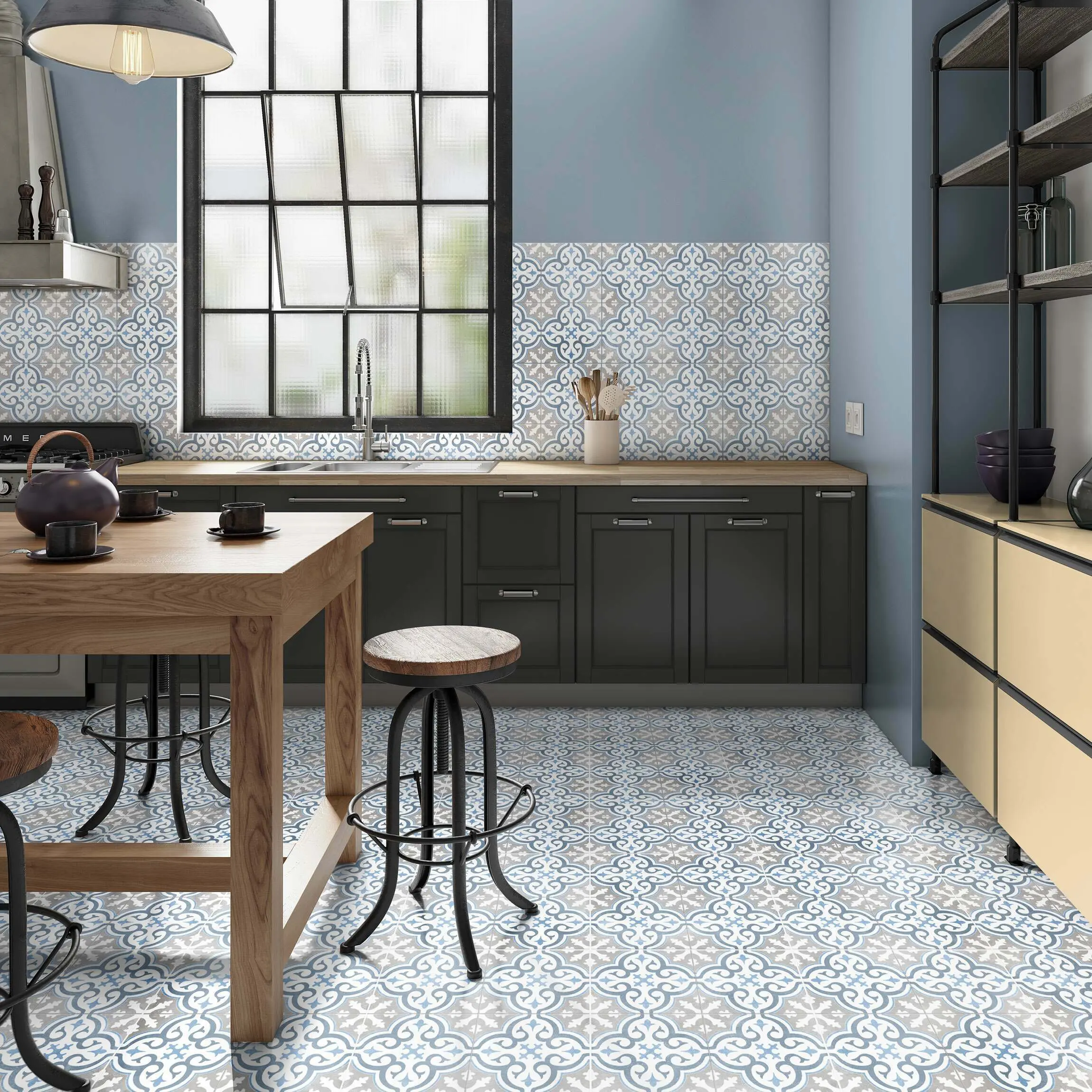 Canterbury Blue Patterned Matt Ceramic Tile 45x45cm